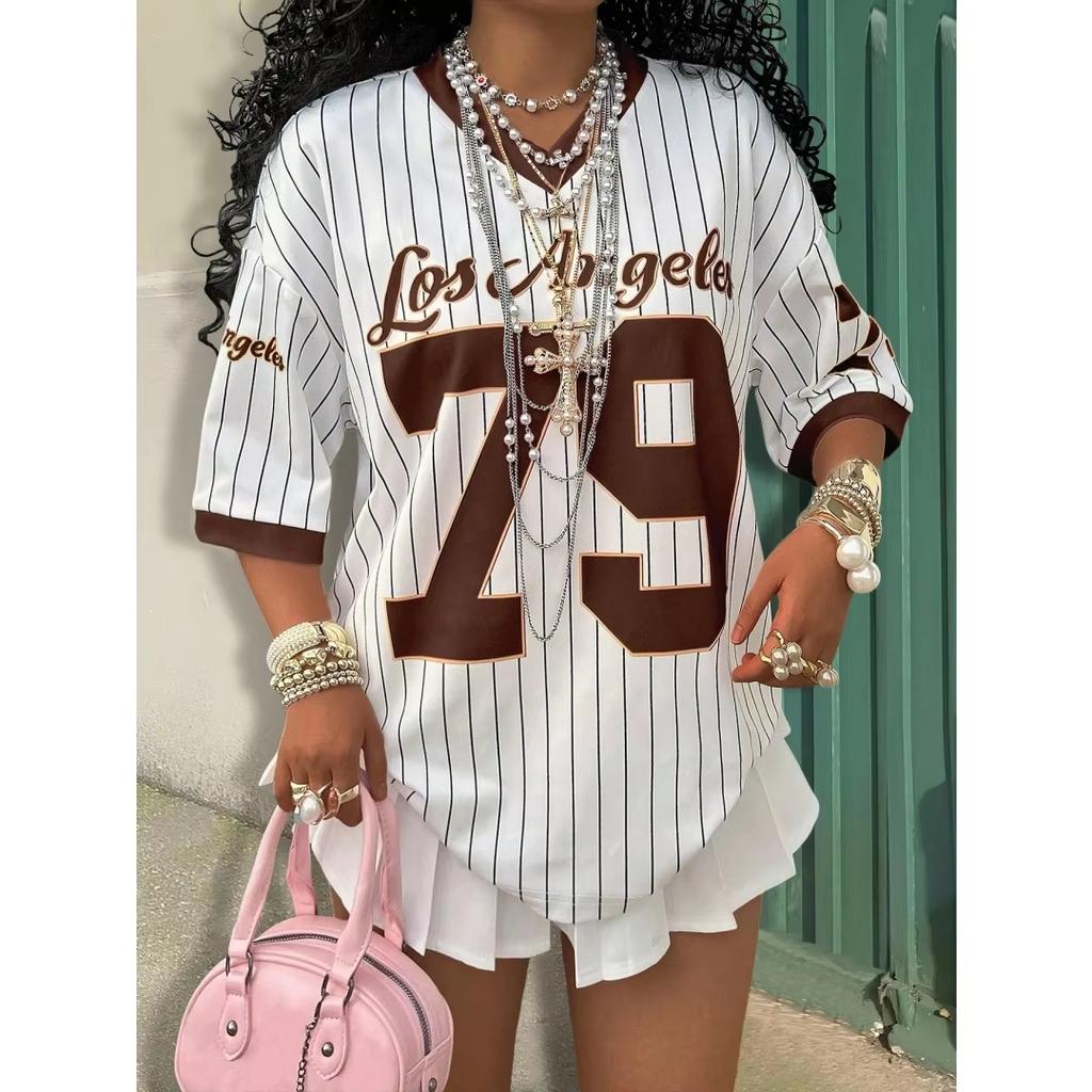 2026 Verano Nuevo Los Ángeles 79 Camiseta Rayada con Estampado Para Mujer Cuello en V Manga Corta Deportiva Camiseta de Fútbol Y2K Holgada Oversized