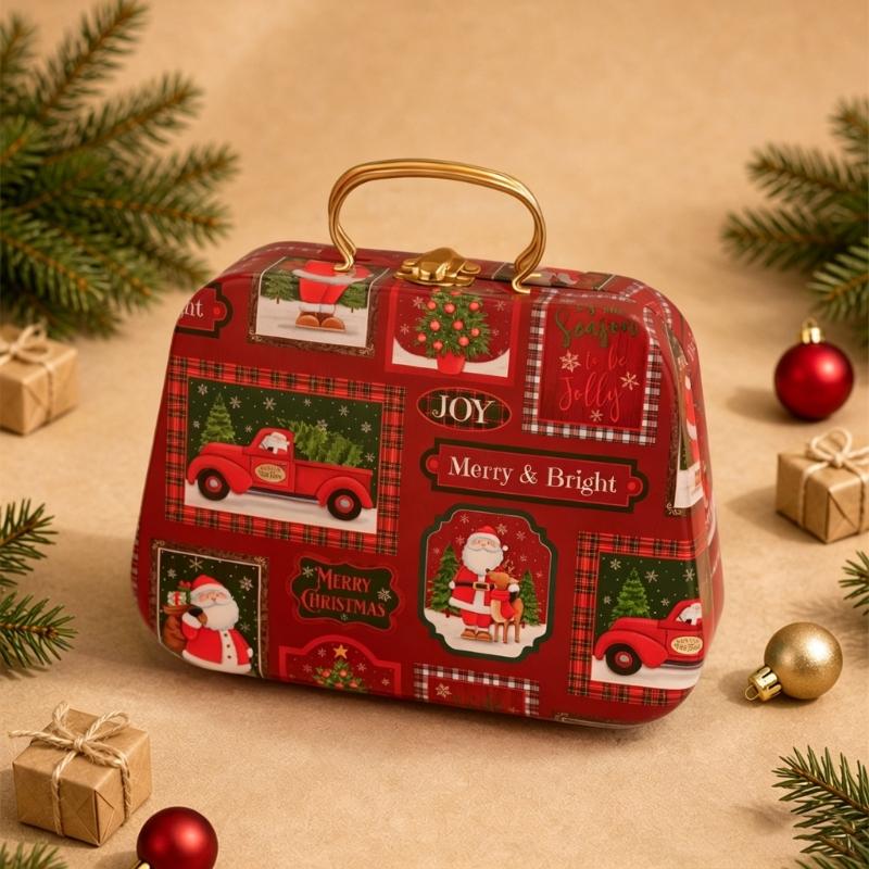 Holiday Gift Tin Box Christmas Metal Treat Container with Handle and Lid Closure for Small Gifts, Dessert Table Use