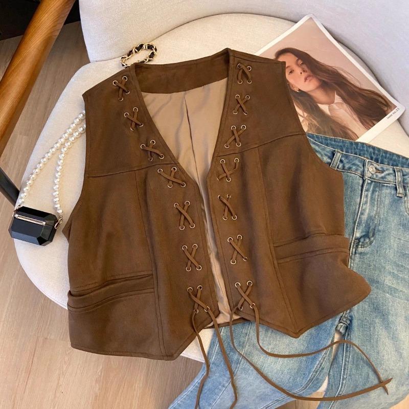 Vintage Brown Suede Vest Women Short Ethnic Style Outerwear Jacket