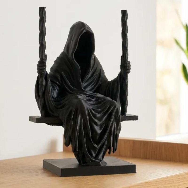 Schwingende Sensenmann-Statue Premium-Harz Schwarze Kapuze Miniaturfigur Gruselige Halloween-Heimregal-Ornament Dekoration