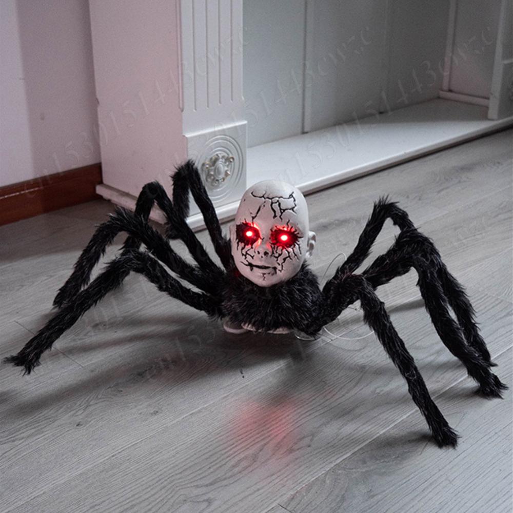 Halloween Scary Walking Spider w/Red Eyes Indoor Outdoor Ornament Sound Activated Horror Doll Face Spider Halloween Party Decor