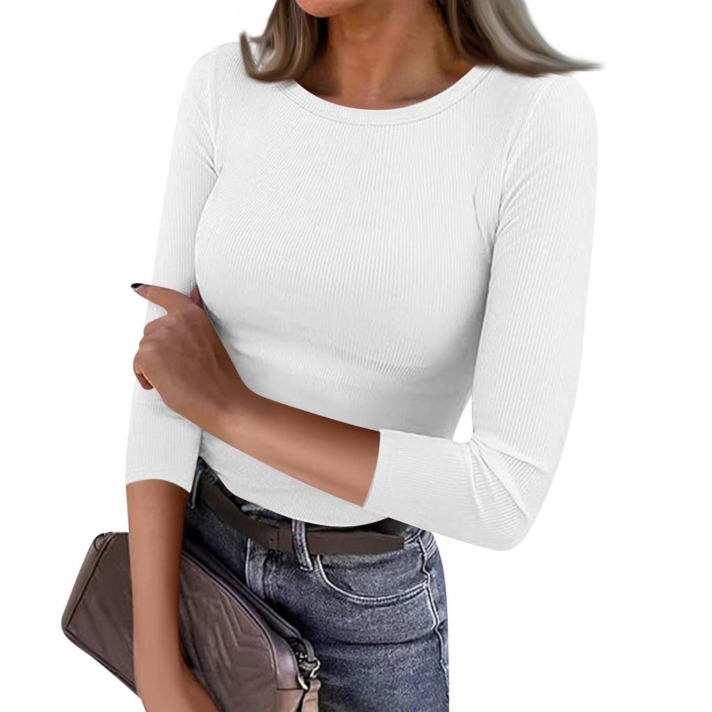 Women's Slim Bottom T-shirt Fashion Casual Color Round Neck Pullover 3/4 Sleeve Top