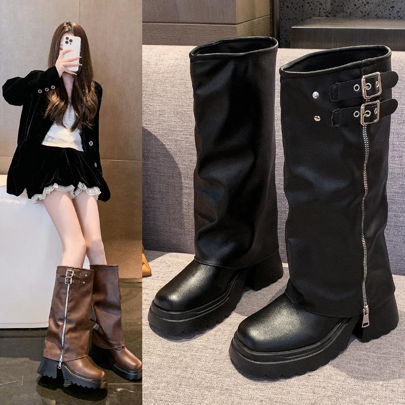 Thick-soled boots women's 2025 autumn and winter new models, but knee boots, small trouser boots, women's muffin-bottom knight boots