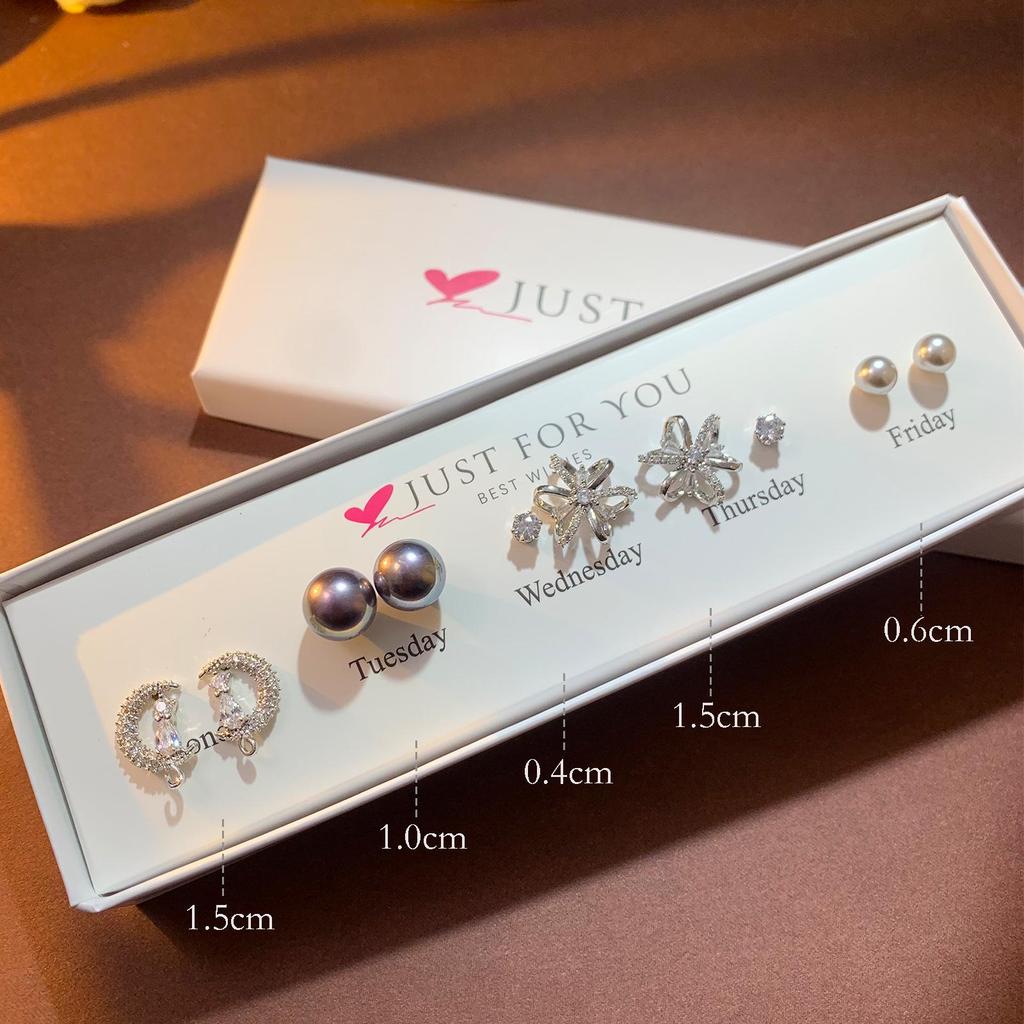 Weekly Earring Set: Flower Zircon Studs, Simple Ear Cuffs, Pearl Tassel French Earrings - 5 Pairs