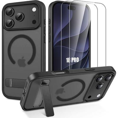 Case + 2 Tempered Glasses for iPhone 18 Pro, Shockproof with Stand and Magnetic Ring - Black