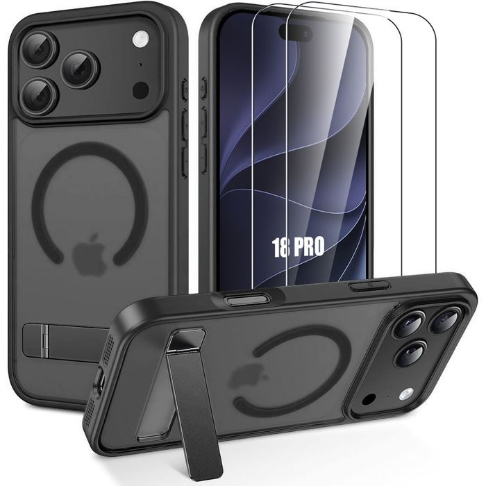 Coque + 2 Verres Trempés pour iPhone 18 Pro, Antichoc avec Support et Anneau Magnétique - Noir