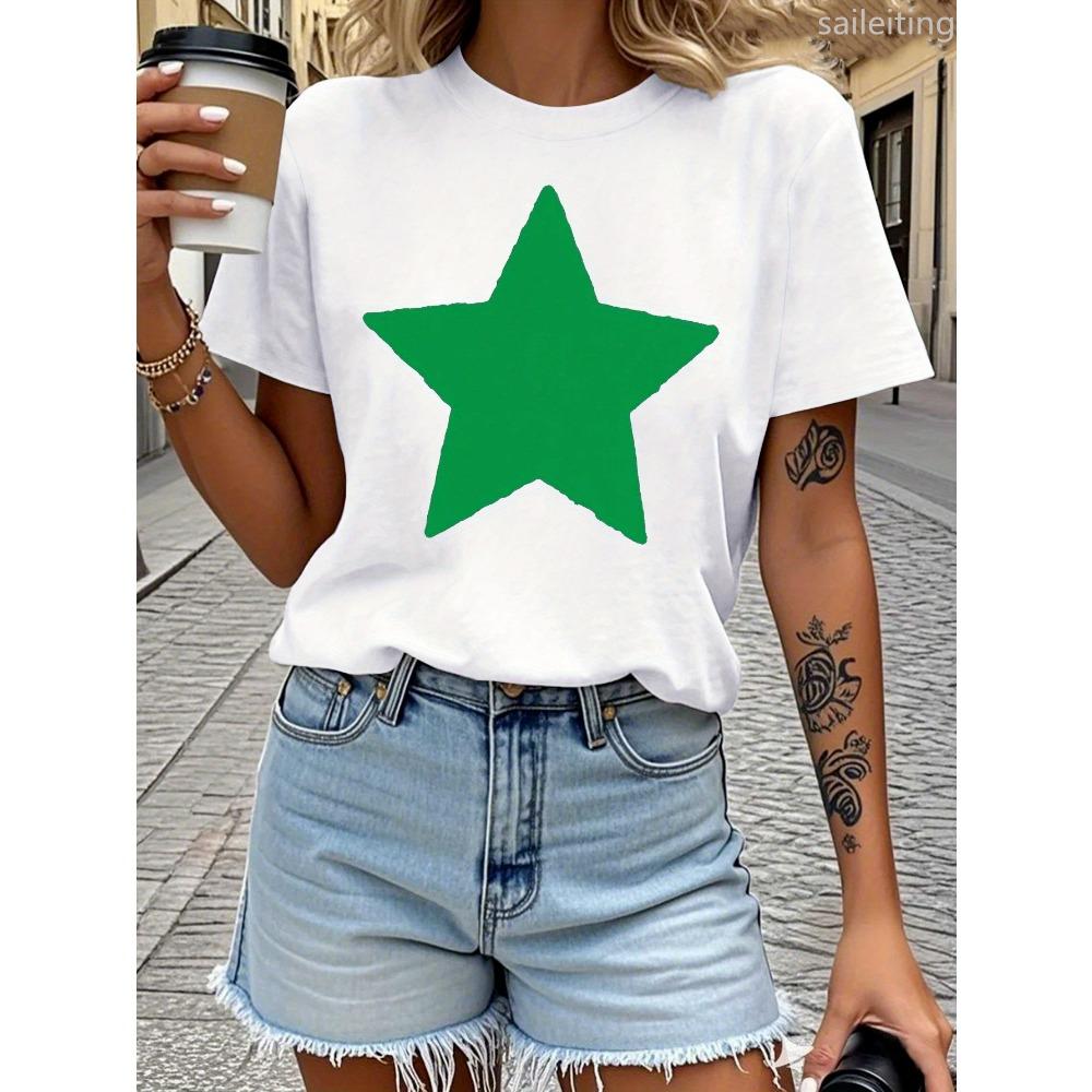 Women Casual T-Shirt with Large Green Star Harajuku Sleeve Casual Women's T-shirt Clothing Street Tops Tees Clothes