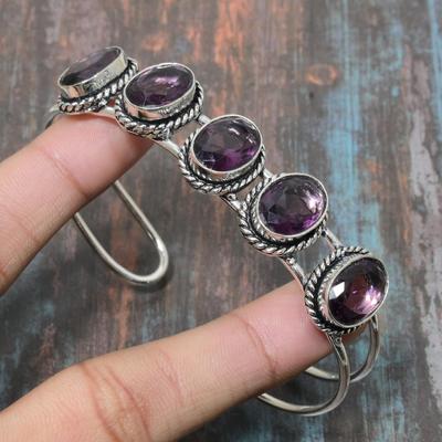Bracciale rigido fatto a mano in argento sterling 925 con pietra preziosa ametista regolabile per donna