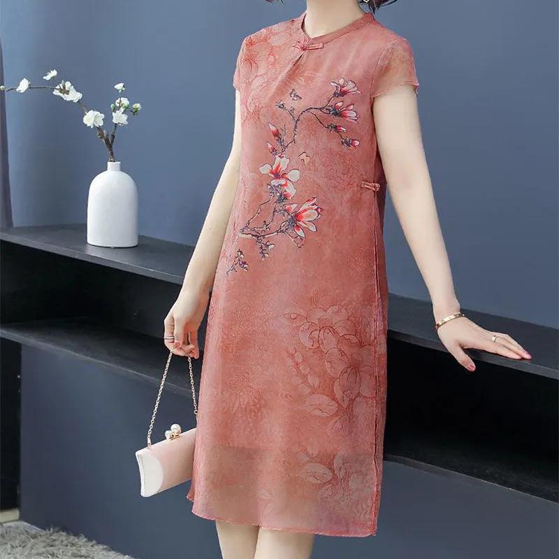Women's Summer Plus Size Ethnic Style Cheongsam Dress, Elegant Mother's Temperament, Chiffon Dress
