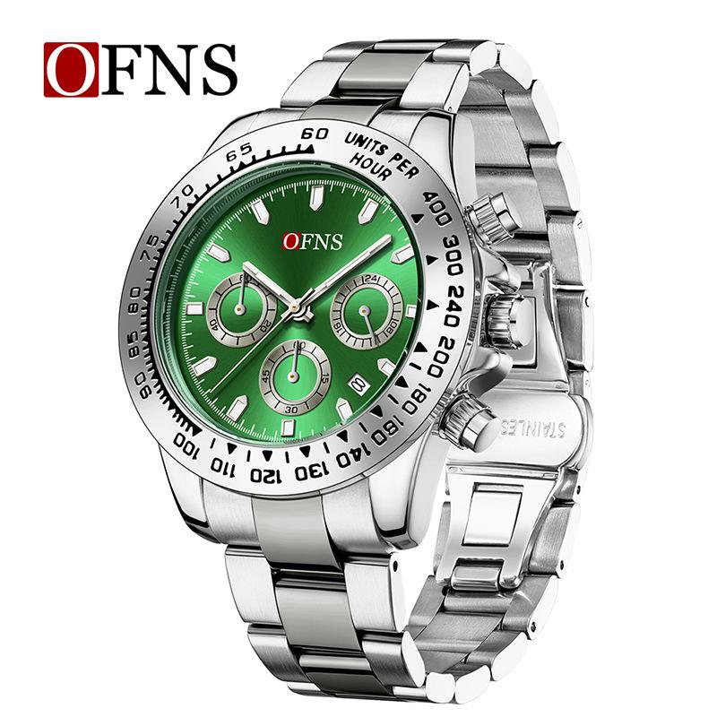 OFNS Men's Quartz Watch: Fashionable Business Design, Six-Hand Dial, Calendar, Solid Steel Band, Waterproof.