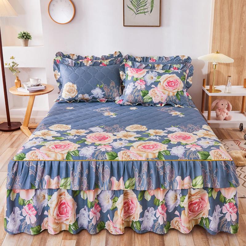 Fustă de pat prințesă matlasată cu dantelă în stil coreean – Cuvertură de pat groasă, din mătase periată, rezistentă la praf