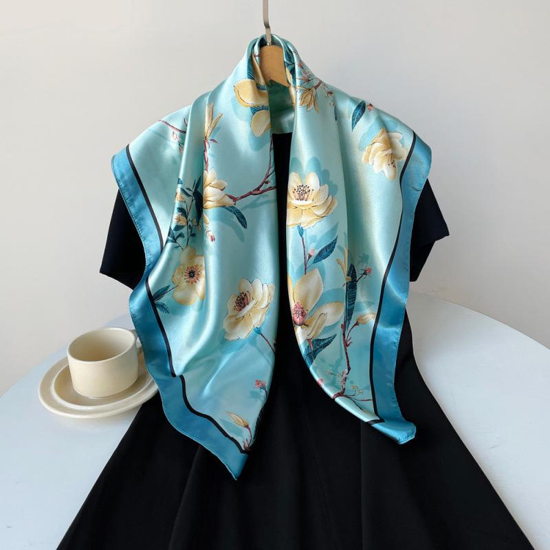 Silk Scarf Large Square Scarf Women's New 90cm Printed Vintage Wrap Scarf Satin Shawl Scarf