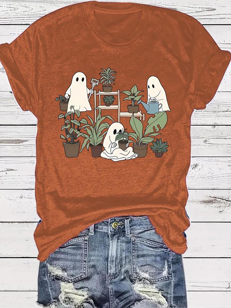 Summer Women's Halloween Ghost Flower Print Round Neck T-Shirt, Casual Fashion, Short Sleeve