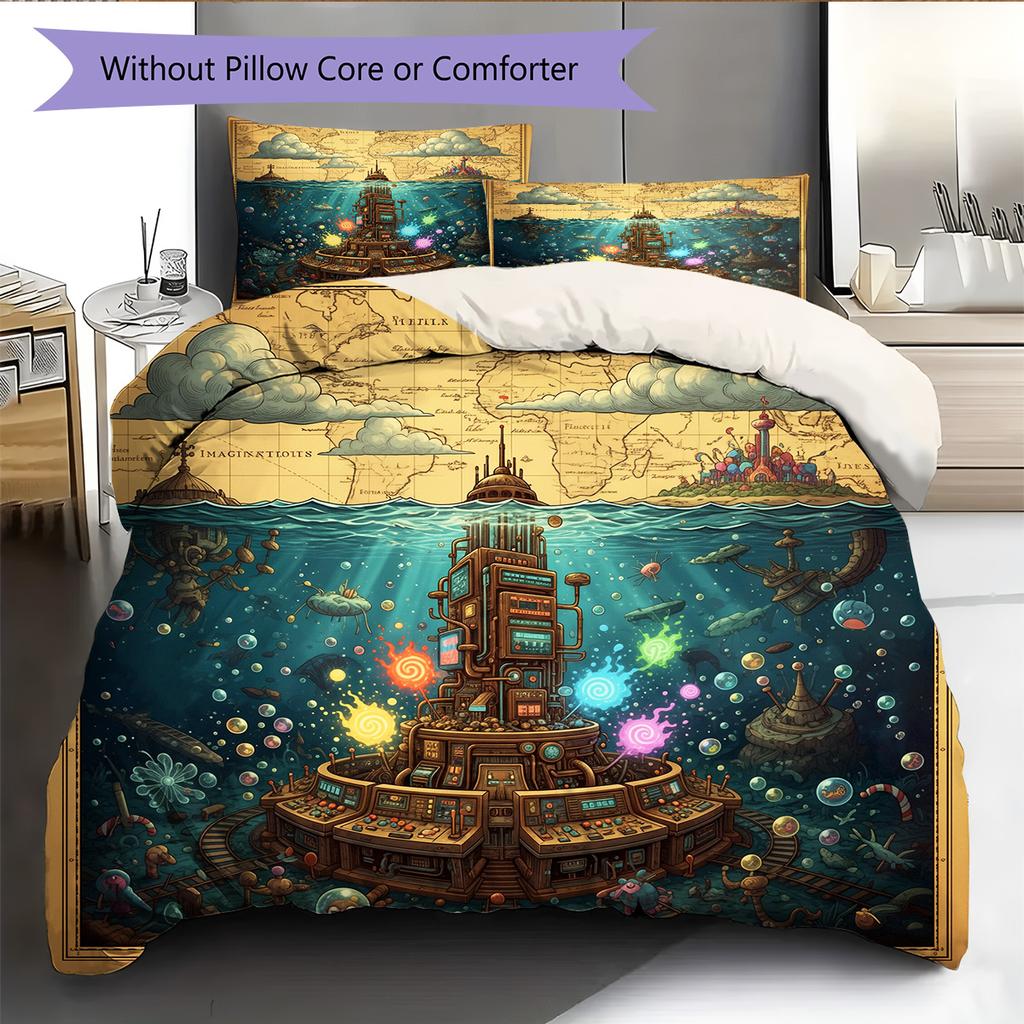 Map Ocean Architecture Pattern Bedding Quilt Set Home Decoration Gift (1 * duvet cover + 2 * pillowcase without core)