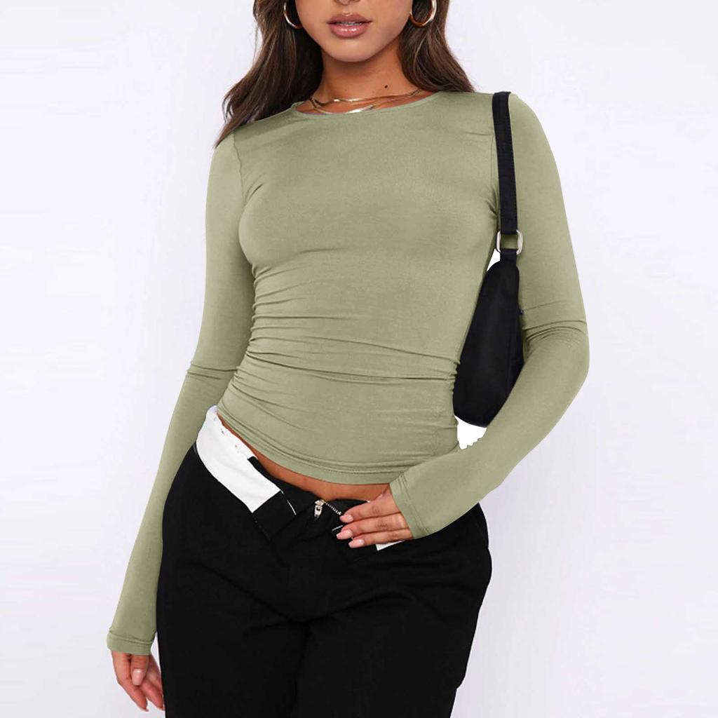 Women's Fashion Solid Colour Round Neck Long Sleeve T-Shirt Top