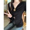 Chic V-Neck Long-Sleeve Slim Fit Black Top for Women