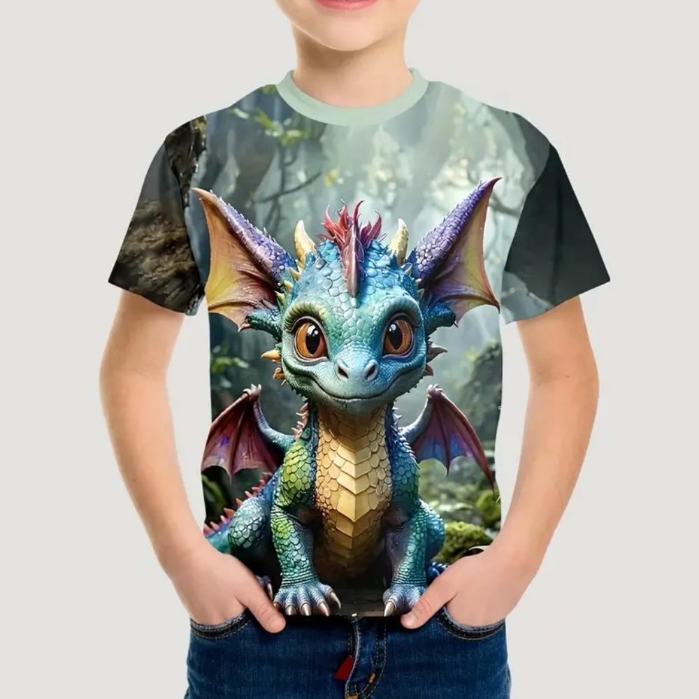 Round Neck 3D Dinosaur Printed Top Casual Short Sleeved Children's Boy T-shirts - Soft Medium Stretch Polyester Fabric Summer Relaxed Fit Clothing