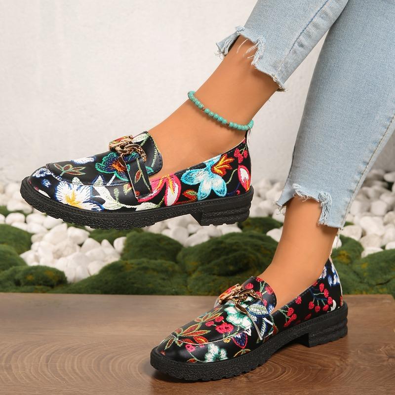 Fashion Block Heel Printed Single Shoes Autumn New Round Toe Deep Mouth Metal Chain Platform Non-slip Wear-resistant Pumps