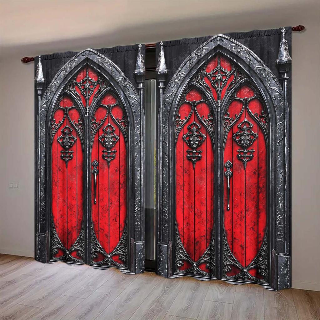 2 Panels Gothic Style Castle Windows Pattern Curtains - Heat-insulating   Suitable for Decorating Curtains in Various Rooms