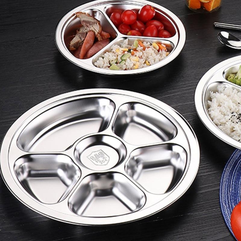 Stainless Steel Multi Compartment Round Plate 28cm For Meal Preparation Outdoor Picnics Office Lunch Microwave Safe Dish