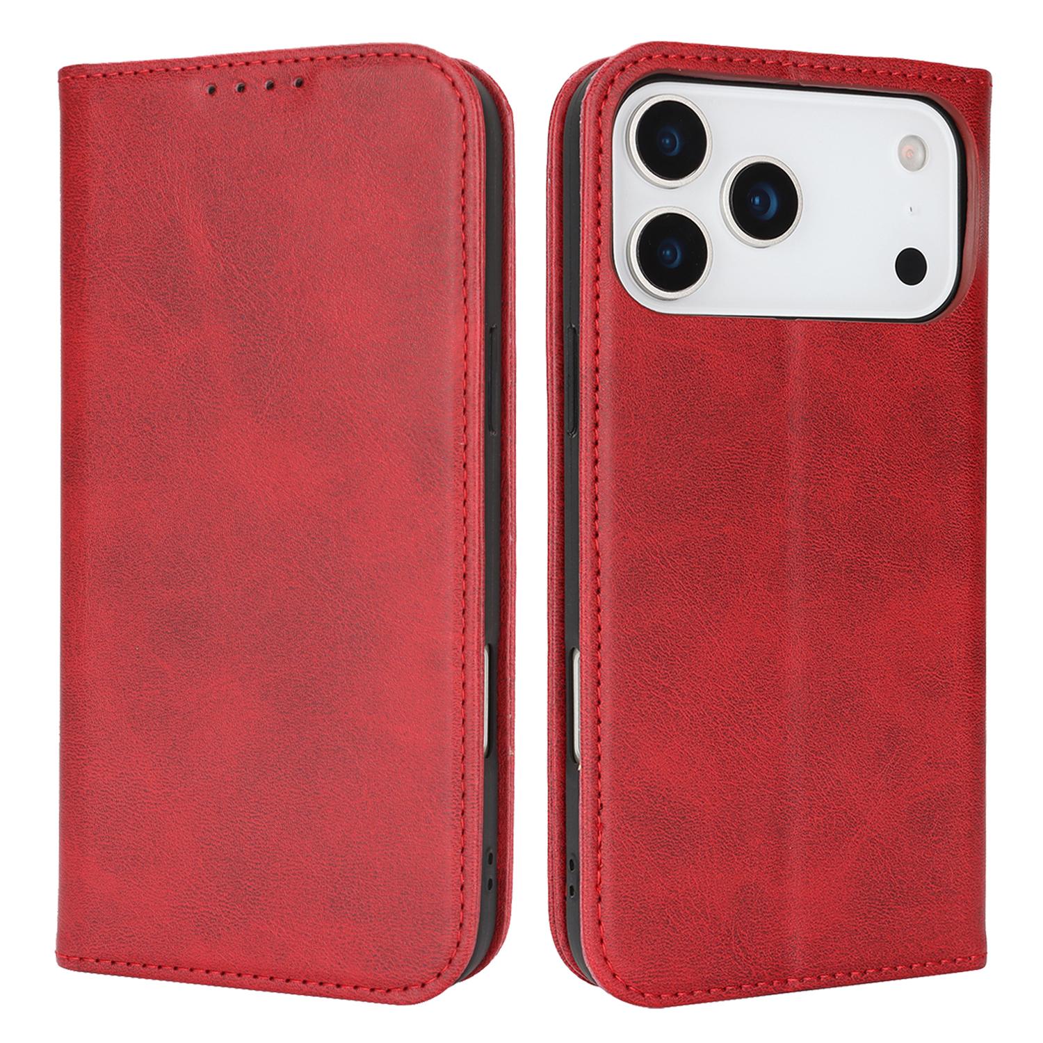 

For iPhone 17 Pro Max Case PU Leather Calf Textured Magnetic Closing Smart Phone Cover Red