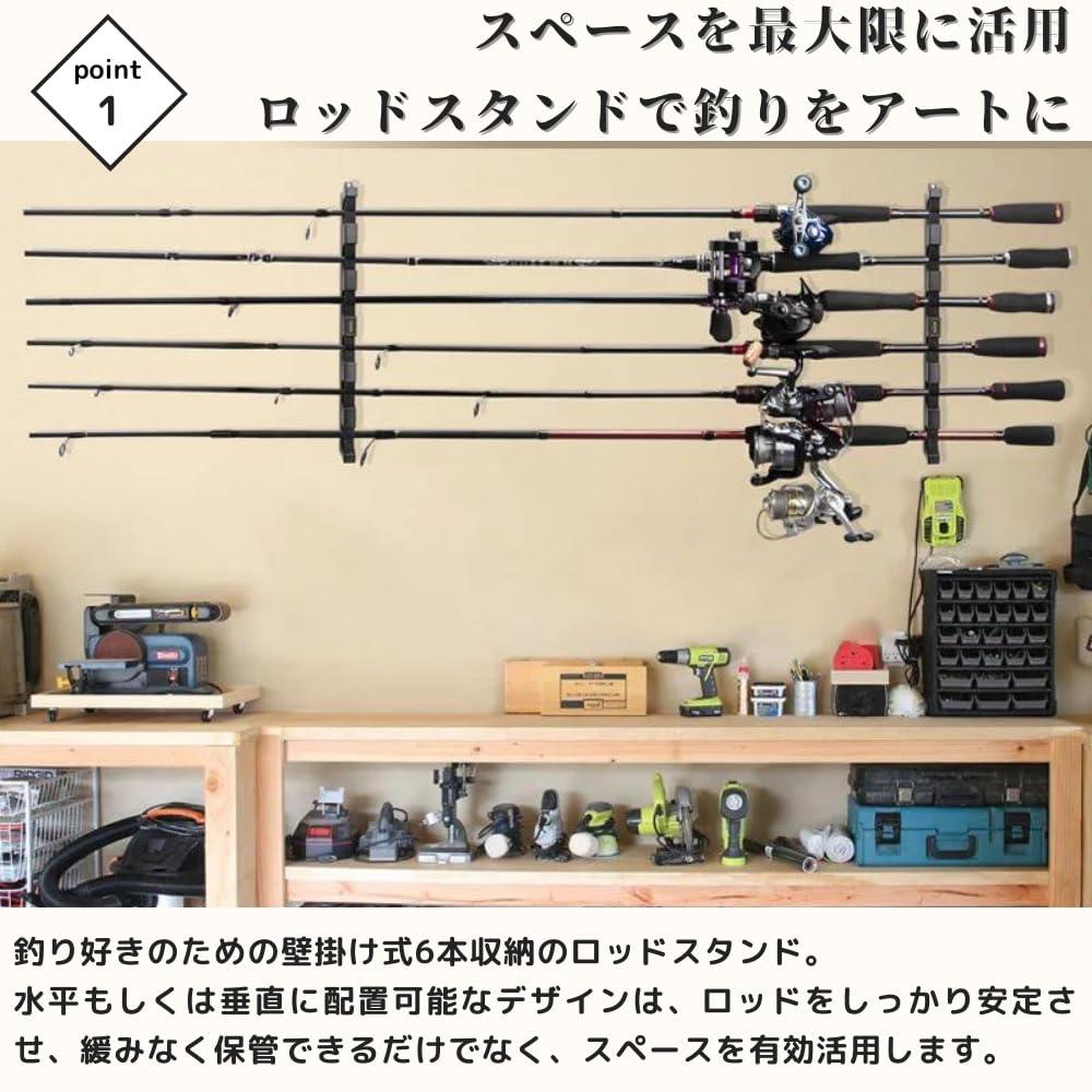 PLEAVIT Wall-Mounted Fishing Rod Stand, Fishing Rod Rack, Rod Holder, Holds 6 Rods, Compact, Horizontal