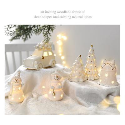 Ceramic Snowman Car Christmas Tree Figurine LED Lighted Cutout Ornament for Table Shelf Decors Compacts Holiday Gift