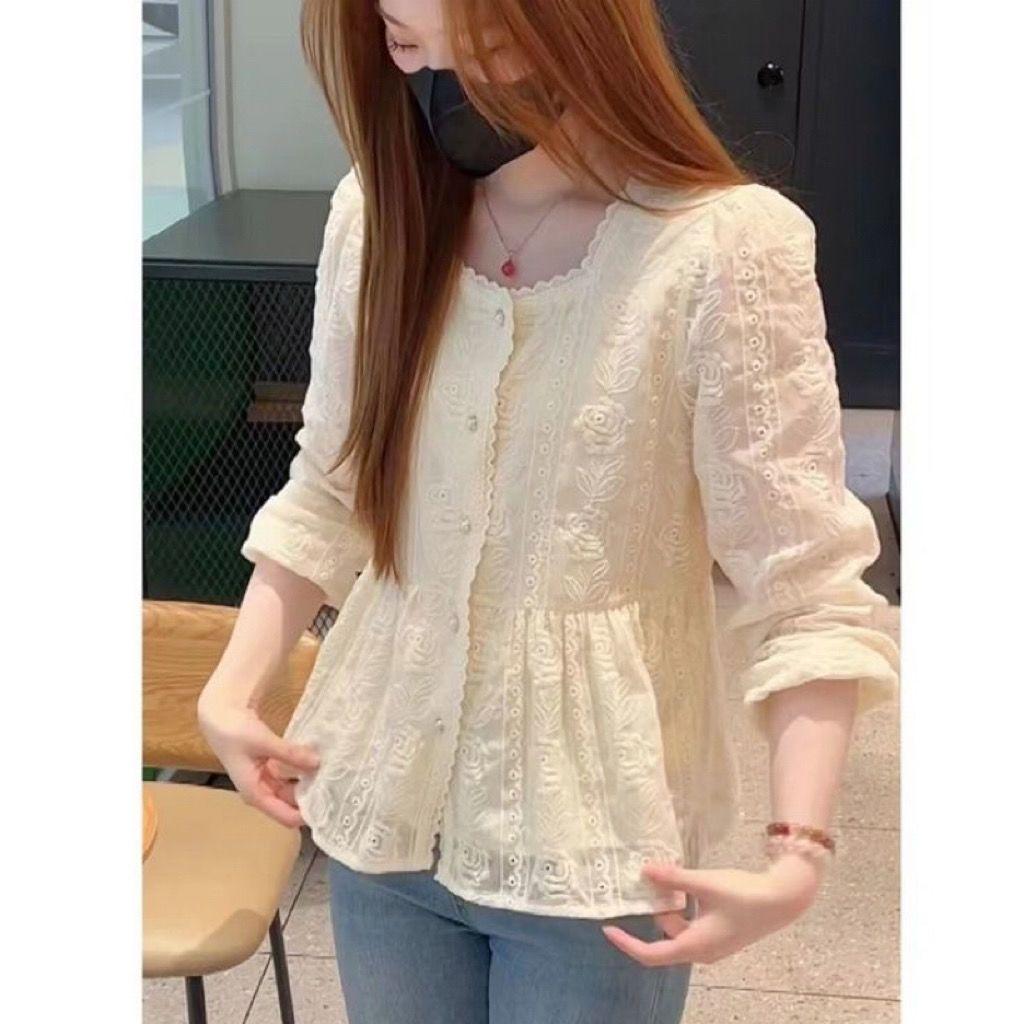 Spring 2025 Korean Style Lace Embroidered Square Neck Shirt - Versatile, Slimming, Long Sleeve Top