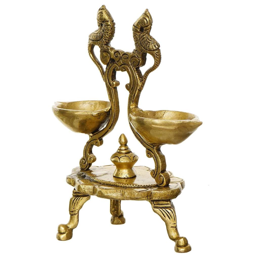 Parrot Design Antique Finish Decorative Handcrafted Brass Diya with Stand, Gold, One Size