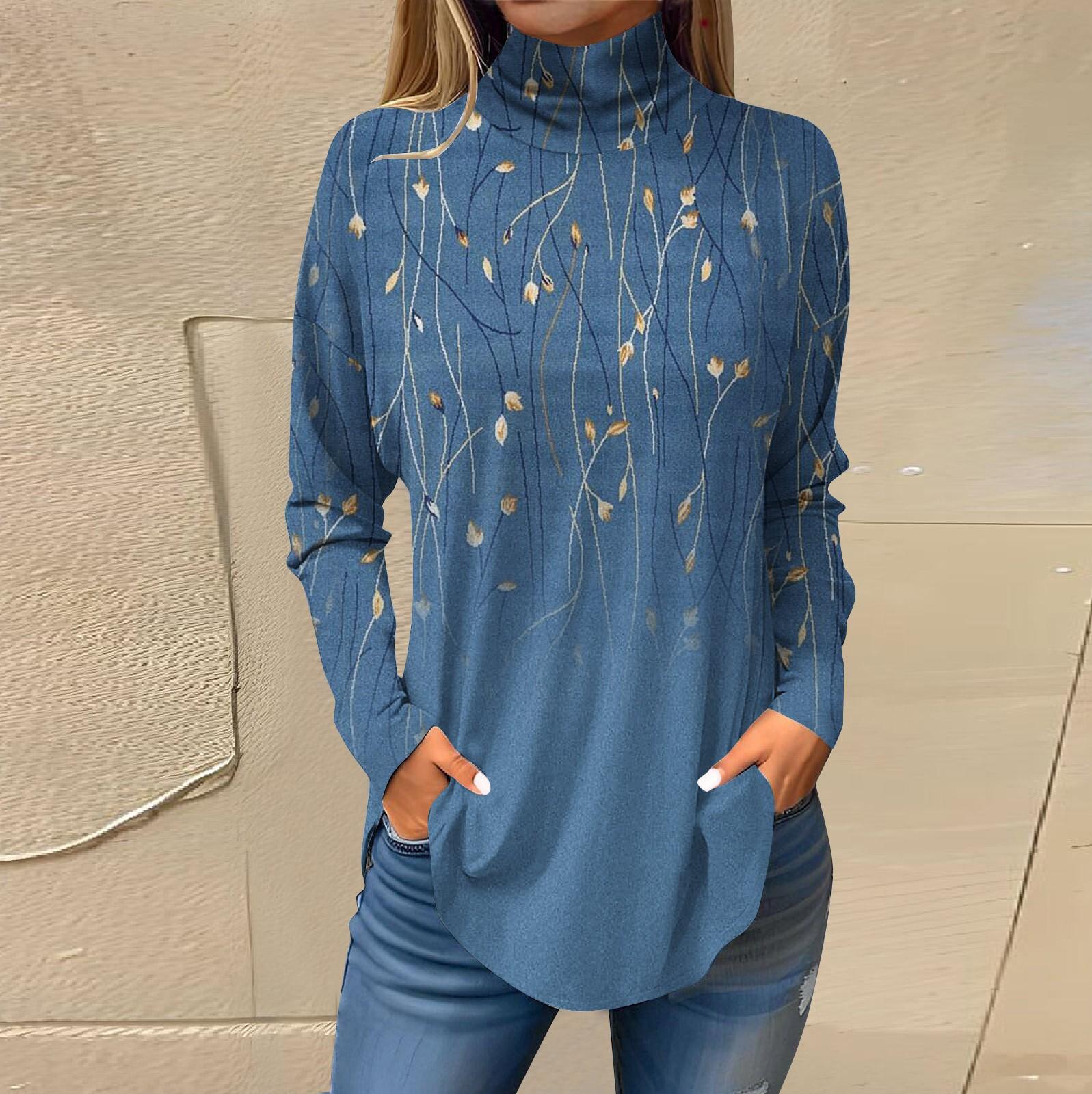 

Футболки для женщин, осенние повседневные рубашки с длинными рукавами, толстовка с винтажным принтом, топ с высоким воротом, пуловер L светло-синий