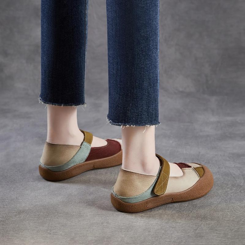 Johnature Genuine Leather Mixed Colors Soft Soled Women's Shoes Retro Round Toe Shallow Flat Shoes
