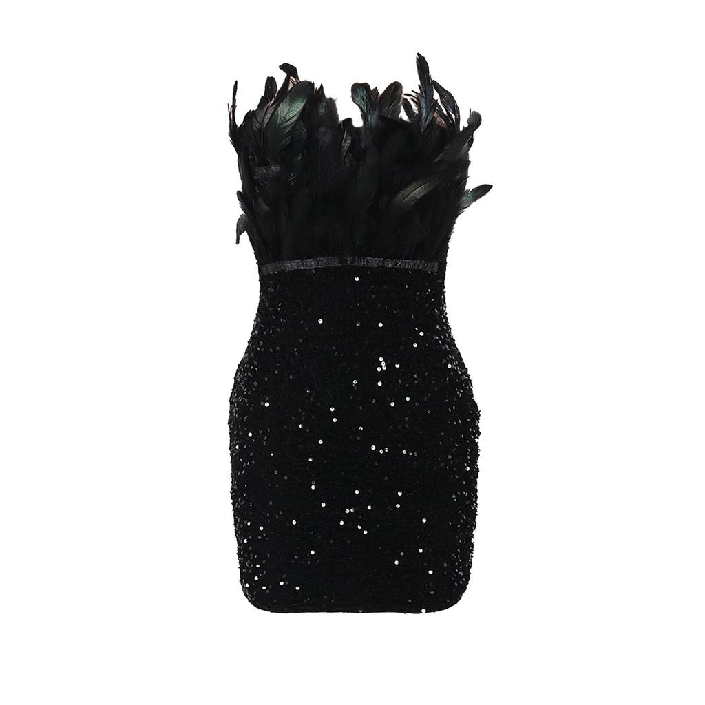 European & American Strapless Feather Sequin Bodycon Dress