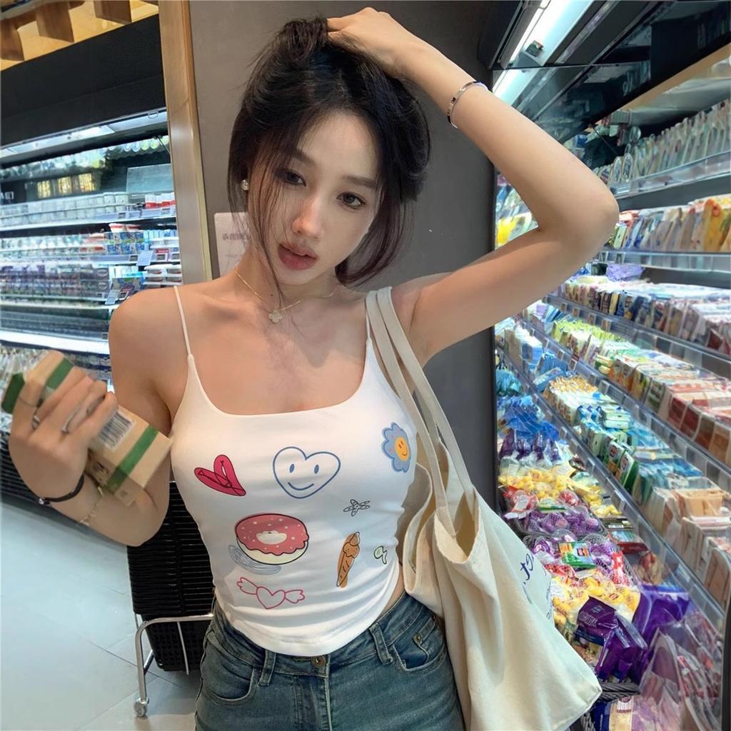 Pure Desire, Sexy Graffiti Printing, Self-contained Chest Pad, Sling Vest, Women's Summer Careful Machine, Slim and Thin Sleeveless Top