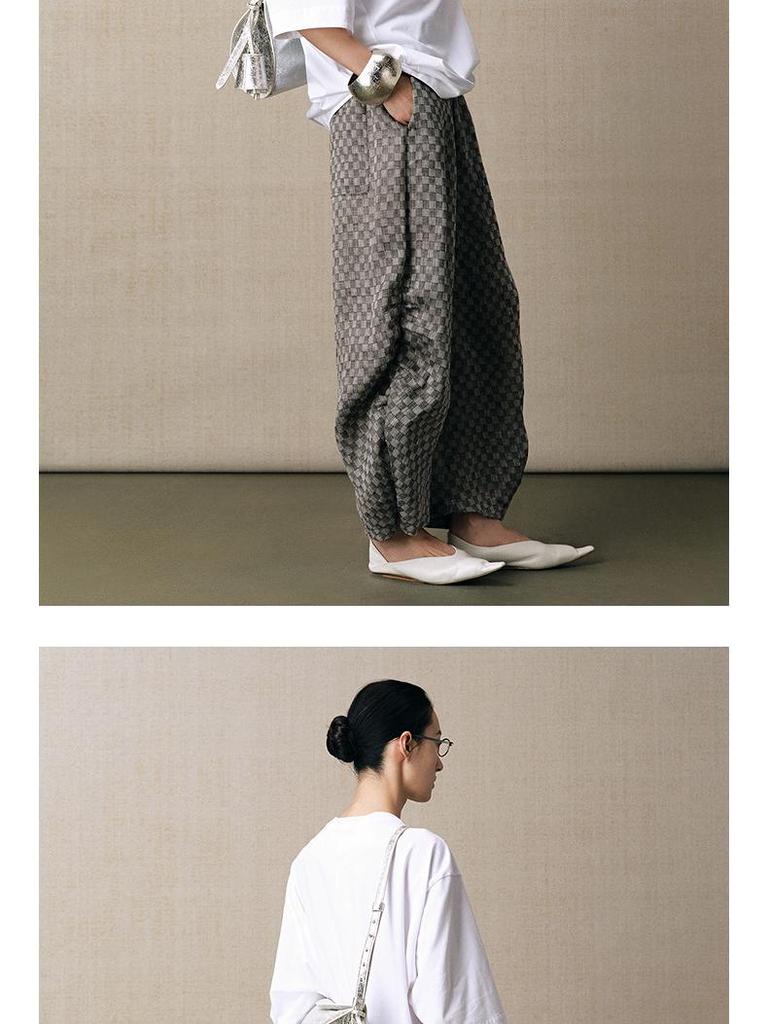 Retro Linen Plaid Pleated Casual Pants