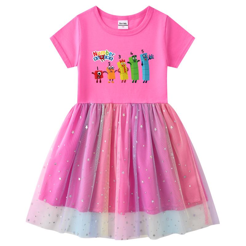 Kinderkleid im koreanischen Stil: Kurzarm Sommer oder Langarm Frühling/Herbst, Sterne Regenbogen Pailletten, Netz Falten Prinzessinnen Design.