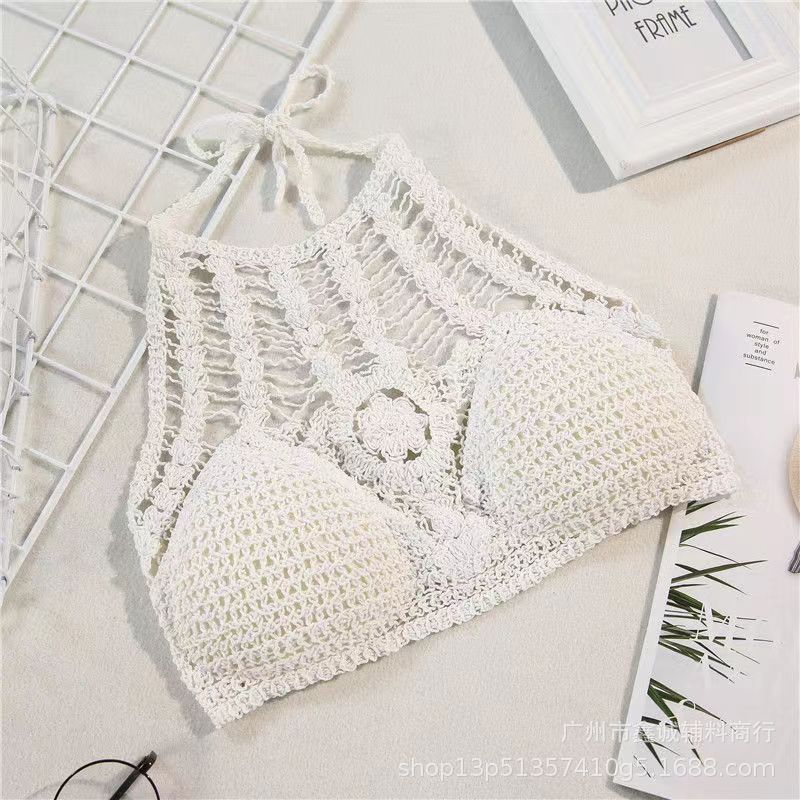 Seaside Fashion Sexy Suspender Vest Lace-up Knitted Beach Beauty Back Holiday Backless Tube Top Hollow Short Top