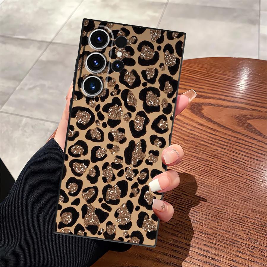 Black Soft Phone Cover Case for Samsung Galaxy S23 Ultra S25 Edge S24 Plus S20 S21 FE Cartoon Leopard Print Pattern