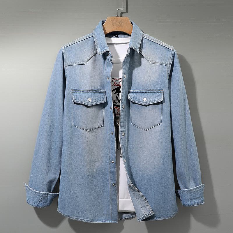 Men's Japanese Style Long Sleeve Denim Shirt Jacket - Perfect for Spring and Autumn. Loose Fitting, Versatile and Trendy Casual Wear.