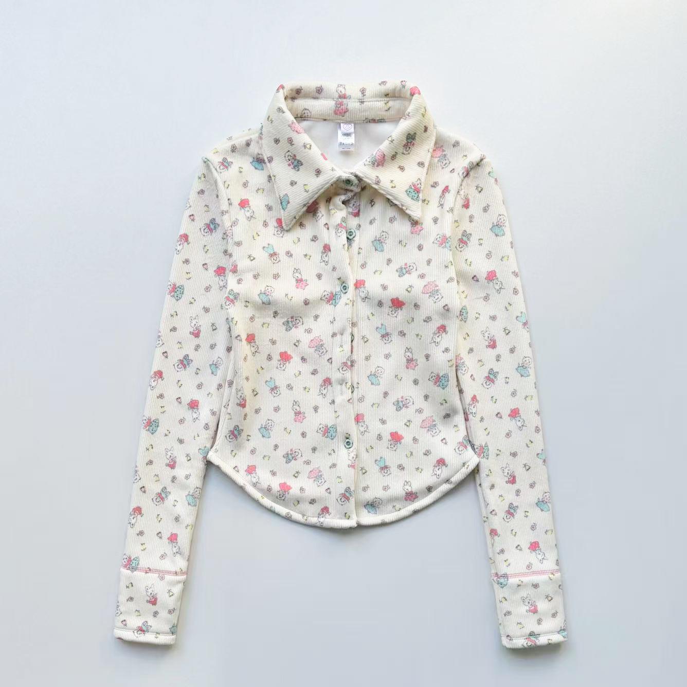 Корейская милая мультяшная вышитая облегающая рубашка с длинным рукавом M