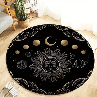 1pc Celestial Sun and Moon Phases Round Rug - Non-Slip Rug for Living Room, Bedroom, Kitchen - Crystal Velvet