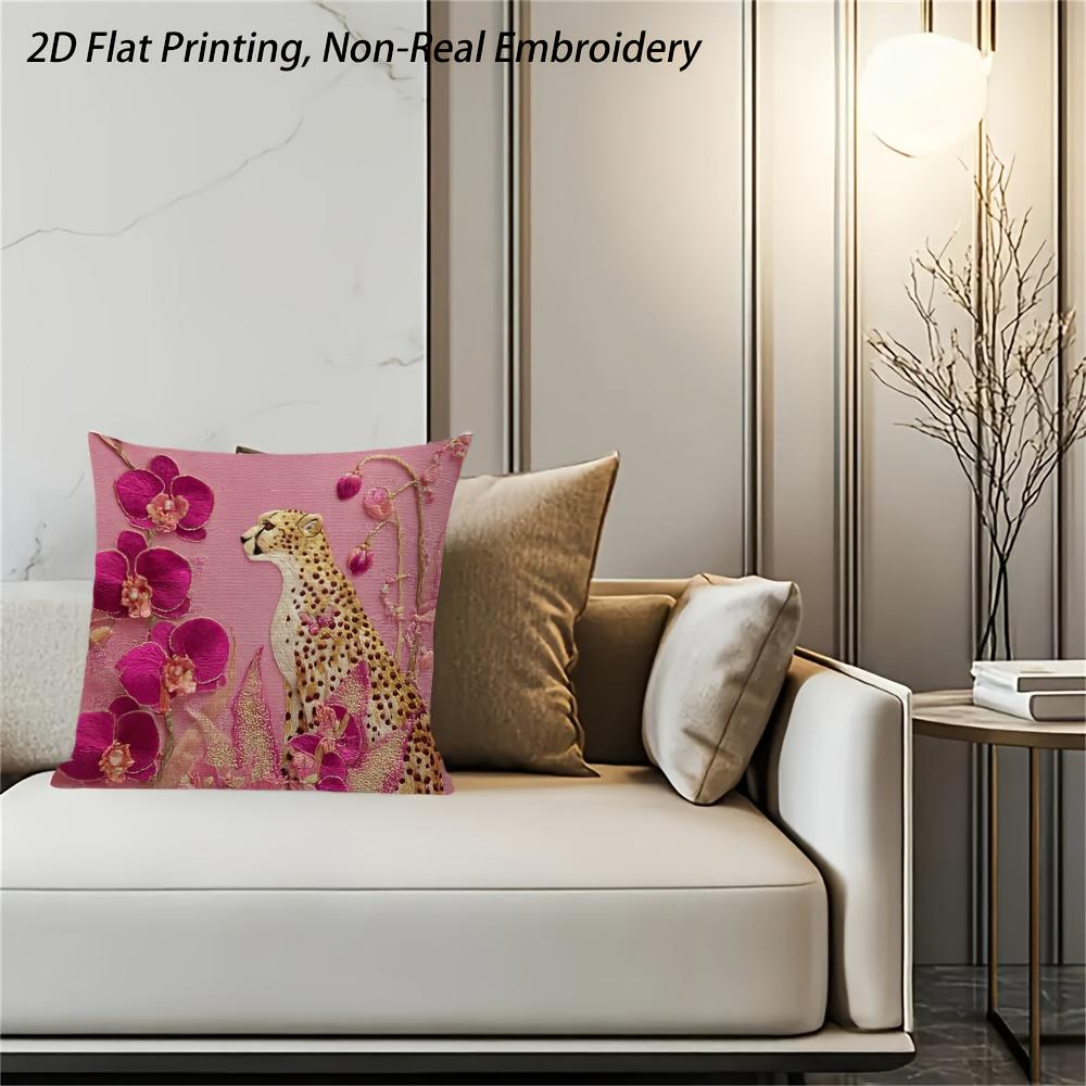 2D Flat- # Pink Cheetah Orchid Floral Throw Pillow Cover 2D Flat Printed Decorative Cushion Case For Home Sofa Bedroom