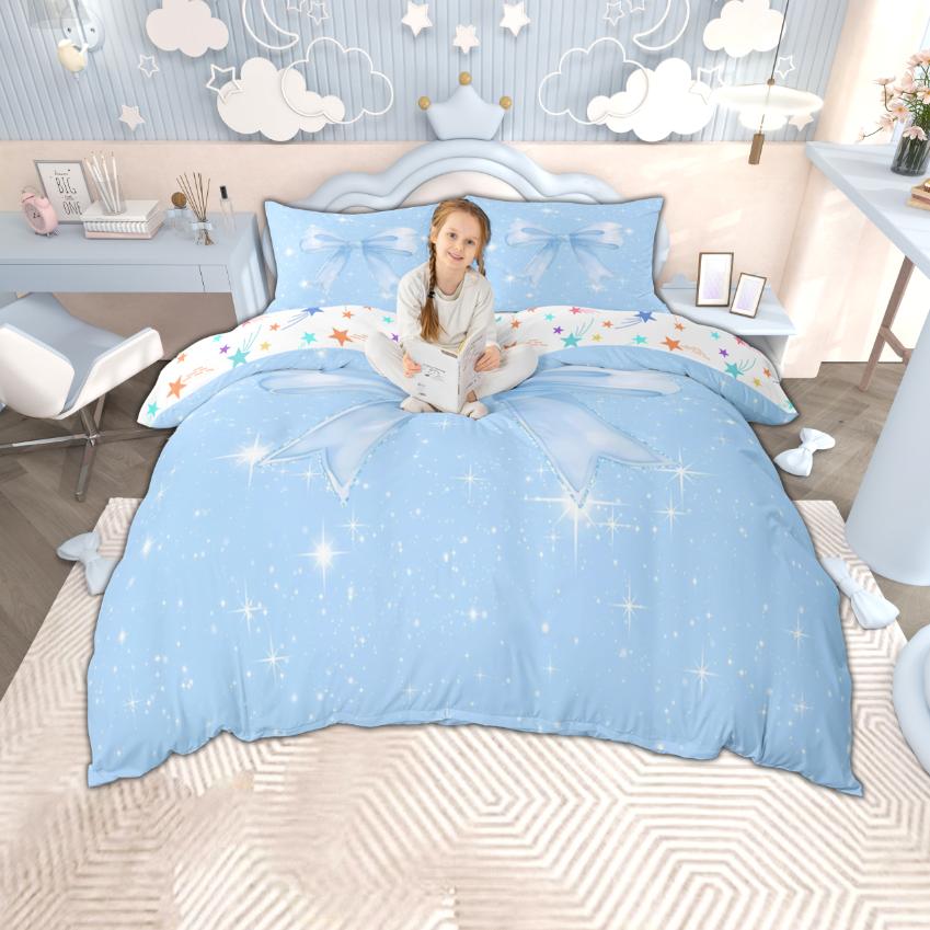 Comforter Homewish Princess Bowknot For Girls Cute Kawaii Bow Ribbon Set Glitter Stars Bedding Set