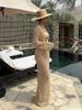 Sexy U-neck Bell Sleeve Knit Maxi Dress Summer 2024 Women Swimwear Feminine Bikinis Cover-ups Holiday Crochet Beach Outfit K21