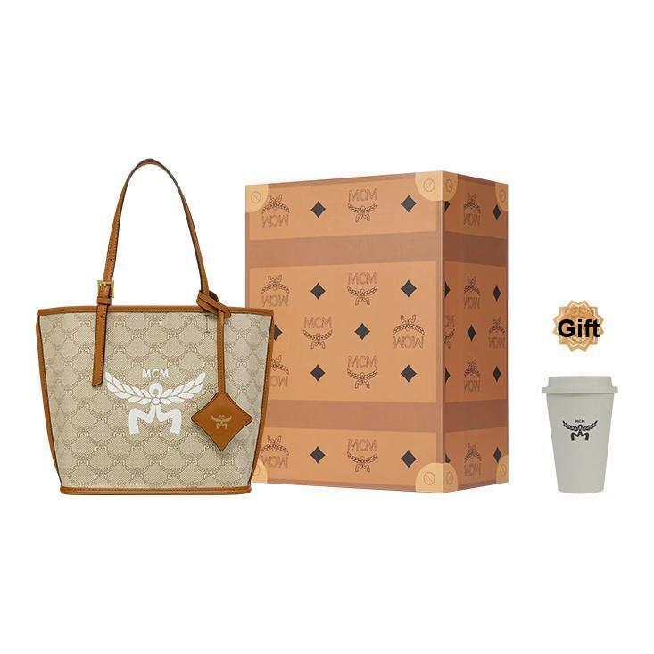 MCM Himmel Allover-Print-Design Große Kapazität Canvas und Leder Tragetasche Einkaufstasche Schulter-Handtasche Mini Damen-Tragetaschen Beige MWPESAC02I9001