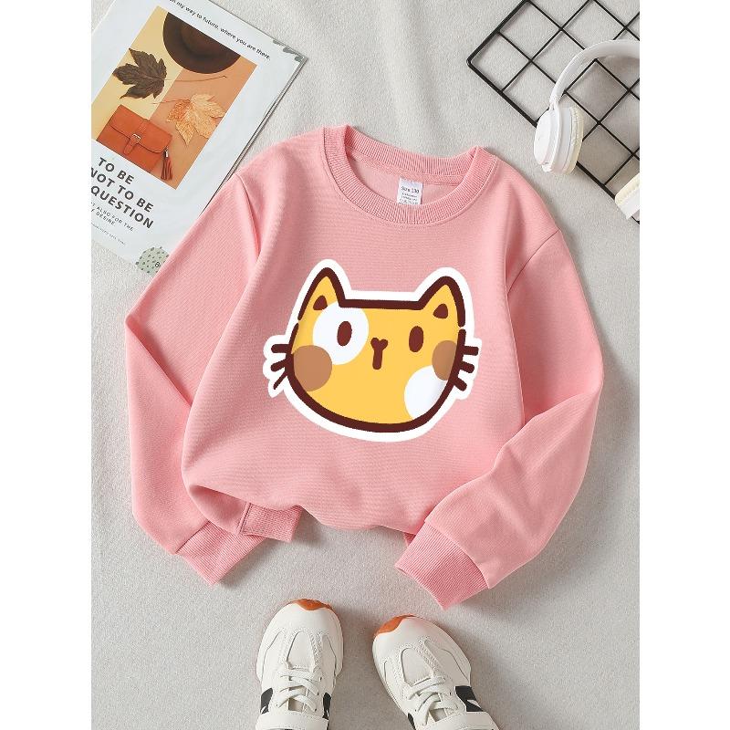 Kids Sweatshirt Crewneck Sweatshirt Cute Cat Face Sticker Design Pattern Machine Washable, Spring And Autumn, Sportswear And Casual Wear