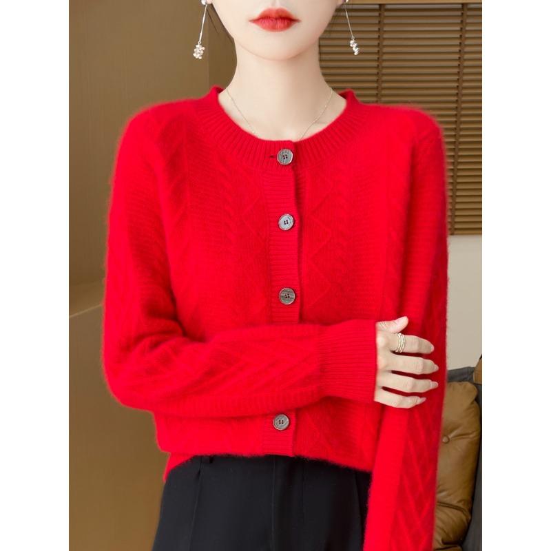 New Round Neck Thickened Pure Wool Knitted Cardigan Sweater for Women Warm Skin-friendly Cashmere Twist Jacket