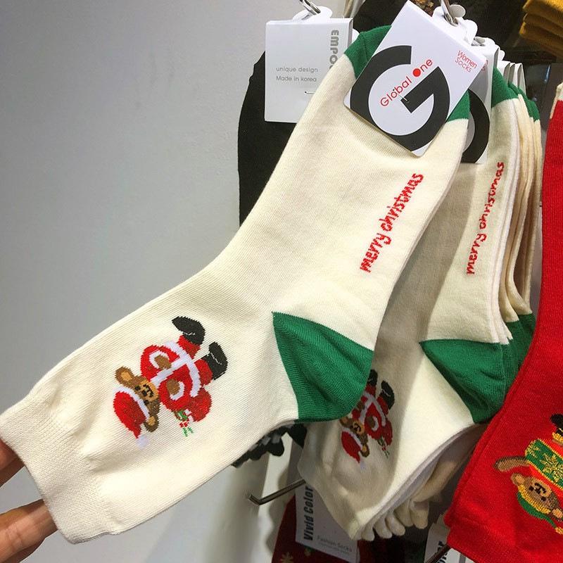 2025 Women's Korean Mid-Calf Christmas Socks: Color Block Heel Cartoon Design for Autumn/Winter Happy Party.