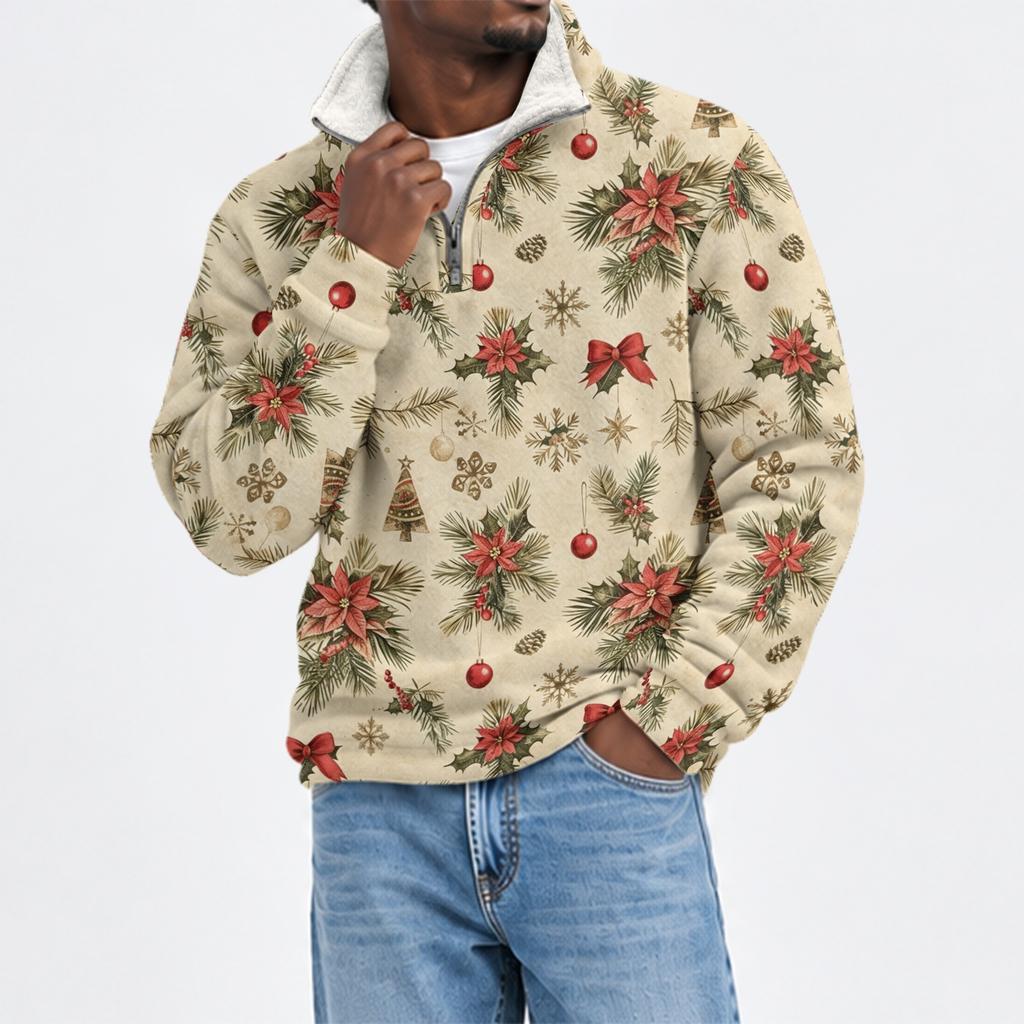 Herren Flanell Sweatshirt mit Stehkragen und Weihnachtsdruck für Freizeitkleidung an den Feiertagen