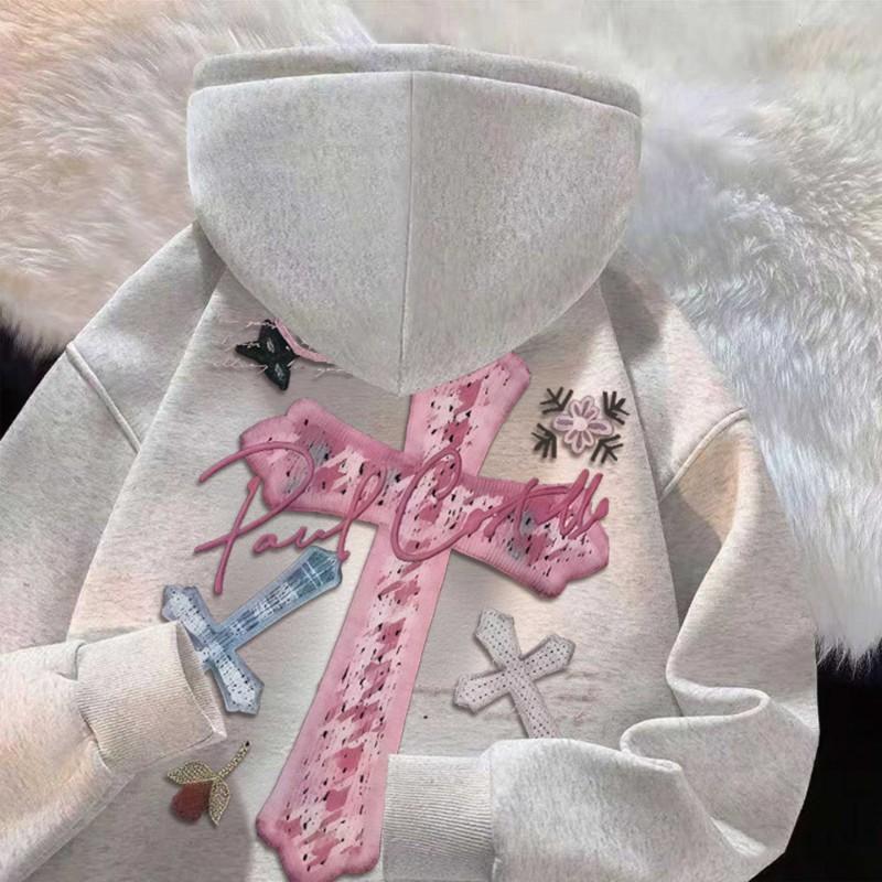 Gothic Pink Cross Print Hoodie Oversized