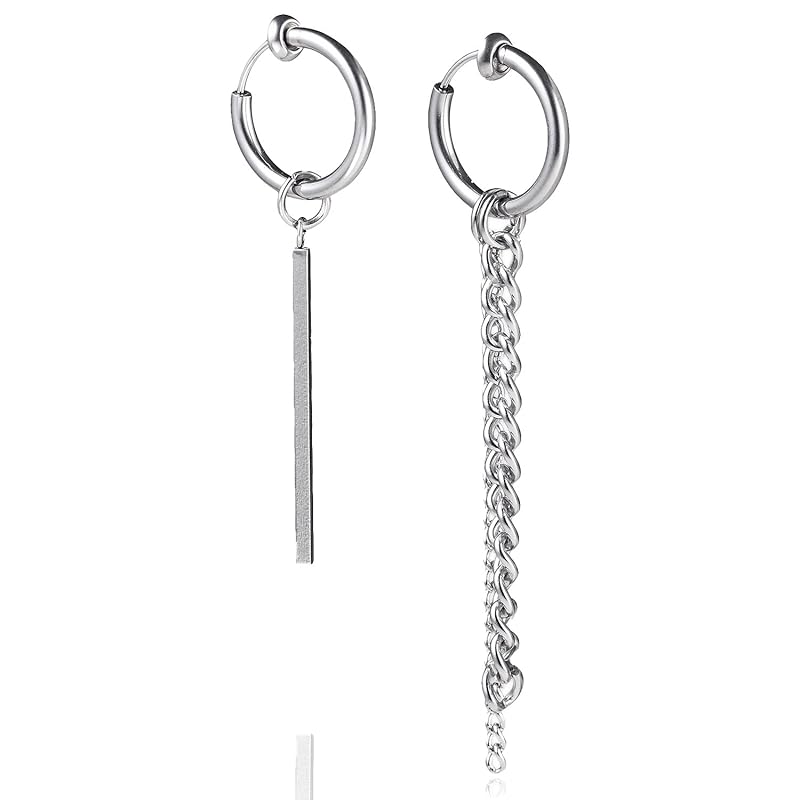 

[Puente] No piercing required fake earrings binaural set stainless earrings ear cuff non-hole stick hoop earrings chain ring ring earrings men s